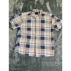 Trust Mens XL Plaid Button-Down Shirt Blue/White/Red Linen Blend Short Sleeve